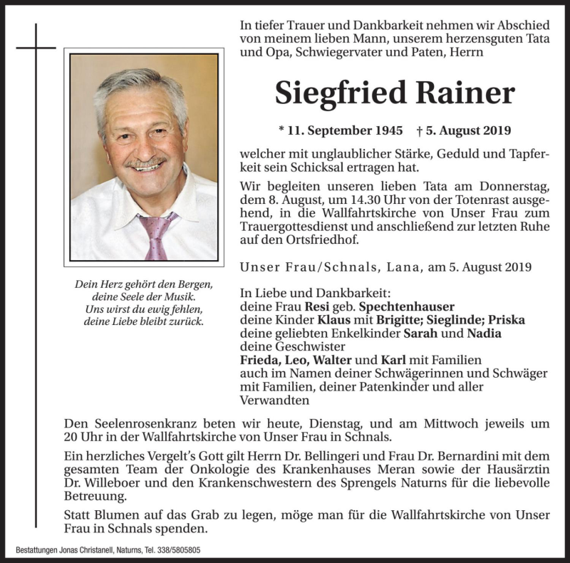  Traueranzeige für Siegfried Rainer vom 06.08.2019 aus Dolomiten