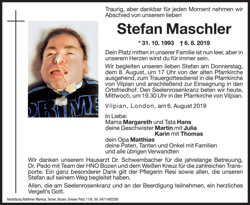  Traueranzeige für Stefan Maschler vom 07.08.2019 aus Dolomiten
