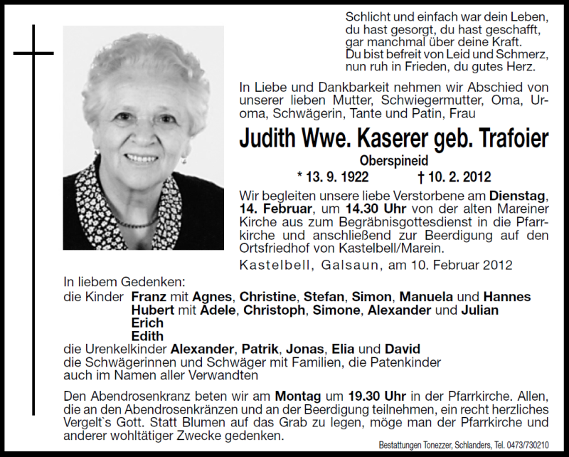  Traueranzeige für Judith Kaserer vom 13.02.2012 aus Dolomiten