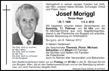 Traueranzeige von Josef Moriggl von Dolomiten