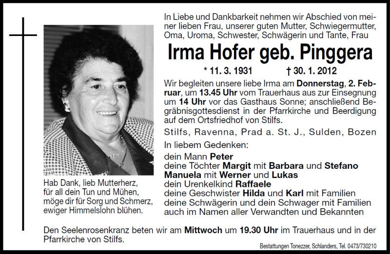  Traueranzeige für Irma Hofer vom 01.02.2012 aus Dolomiten