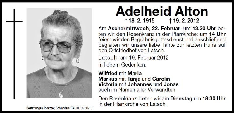  Traueranzeige für Adelheid Alton vom 21.02.2012 aus Dolomiten