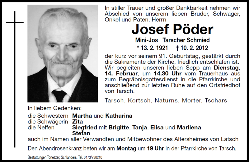  Traueranzeige für Josef Pöder vom 13.02.2012 aus Dolomiten