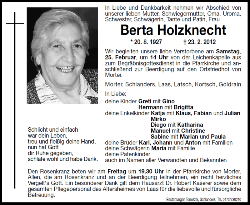  Traueranzeige für Berta Holzknecht vom 24.02.2012 aus Dolomiten
