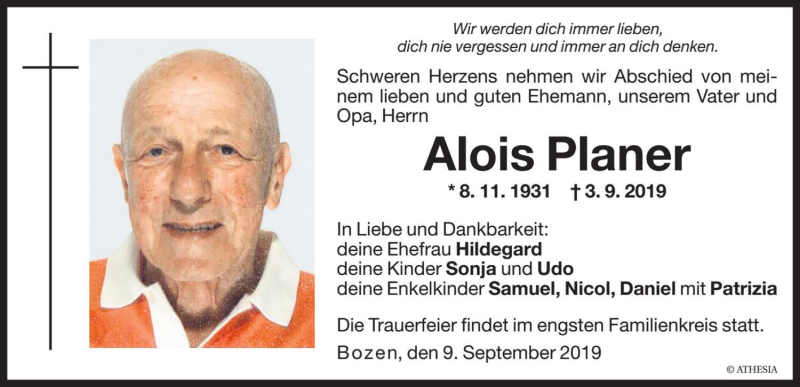  Traueranzeige für Alois Planer vom 09.09.2019 aus Dolomiten