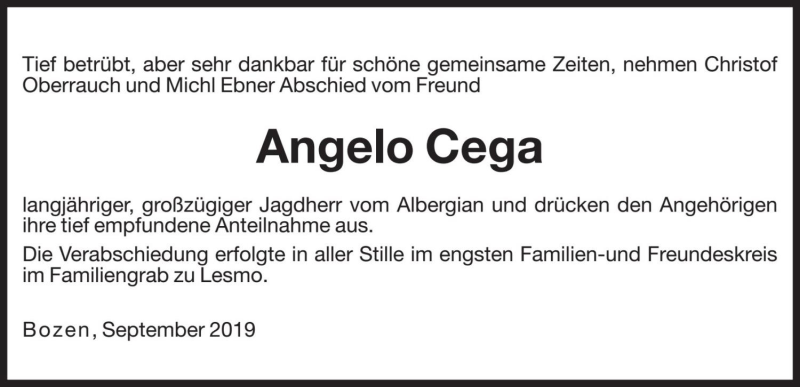  Traueranzeige für Angelo Cega vom 24.09.2019 aus Dolomiten