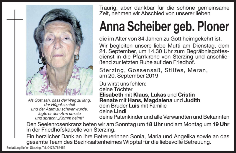  Traueranzeige für Anna Scheiber vom 21.09.2019 aus Dolomiten