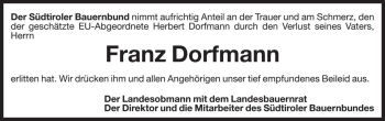 Traueranzeige von Franz Dorfmann von Dolomiten