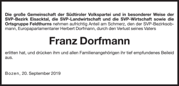 Traueranzeige von Franz Dorfmann von Dolomiten