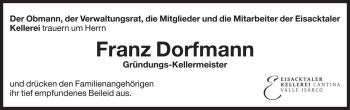 Traueranzeige von Franz Dorfmann von Dolomiten