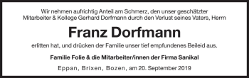 Traueranzeige von Franz Dorfmann von Dolomiten