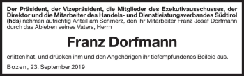 Traueranzeige von Franz Dorfmann von Dolomiten