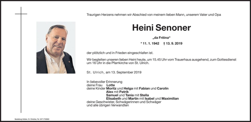  Traueranzeige für Heini Senoner vom 14.09.2019 aus Dolomiten