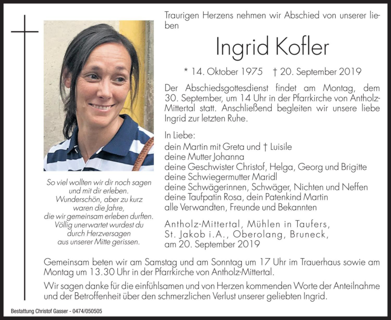  Traueranzeige für Ingrid Kofler vom 28.09.2019 aus Dolomiten