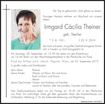 Traueranzeige von Irmgard Cäcilia Theiner von Dolomiten