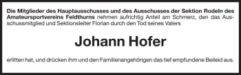 Traueranzeige von Johann Hofer von Dolomiten