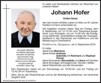 Traueranzeige von Johann Hofer von Dolomiten