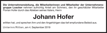 Traueranzeige von Johann Hofer von Dolomiten