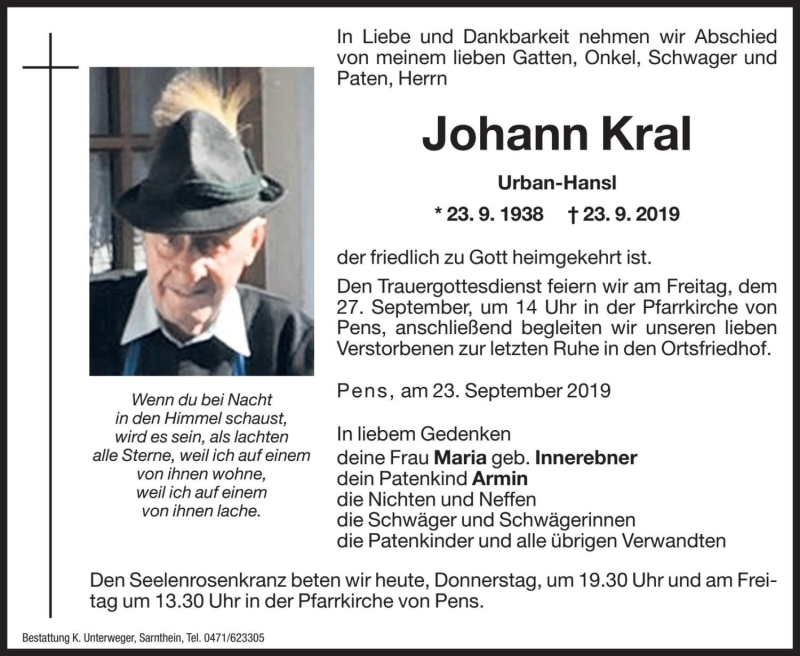 Traueranzeige für Johann Kral vom 26.09.2019 aus Dolomiten