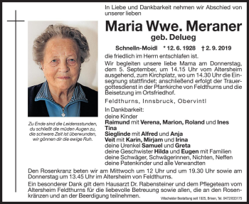 Traueranzeige von Maria Meraner von Dolomiten