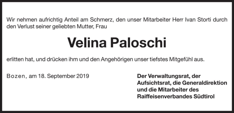  Traueranzeige für Velina Paloschi vom 19.09.2019 aus Dolomiten