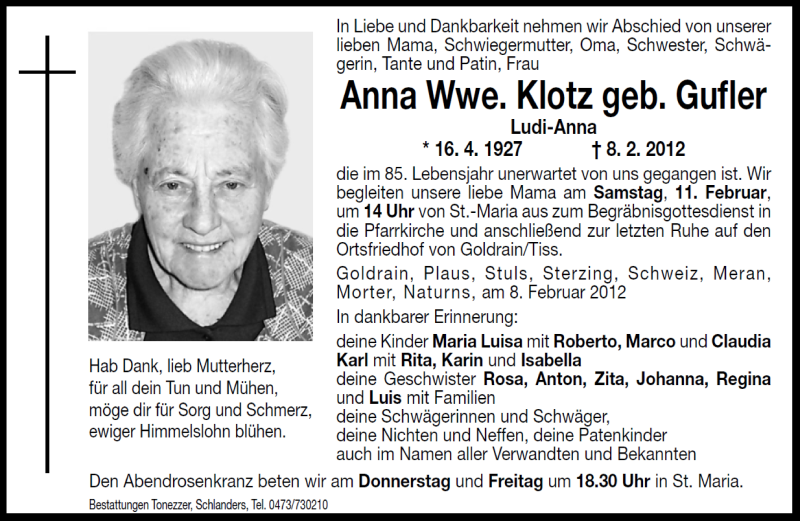  Traueranzeige für Anna Klotz vom 10.02.2012 aus Dolomiten