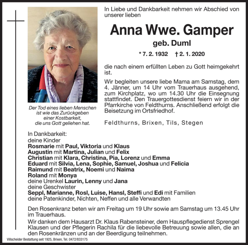  Traueranzeige für Anna Gamper vom 03.01.2020 aus Dolomiten