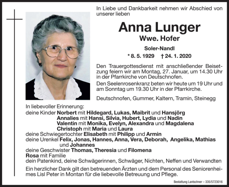  Traueranzeige für Anna Hofer vom 25.01.2020 aus Dolomiten