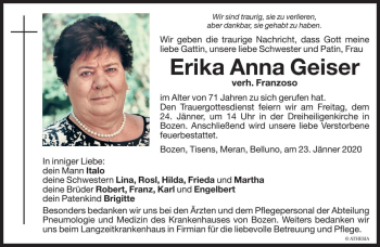 Traueranzeige von Erika Anna Franzoso von Dolomiten