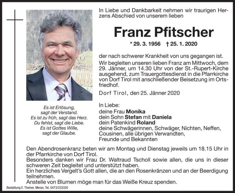  Traueranzeige für Franz Pfitscher vom 27.01.2020 aus Dolomiten