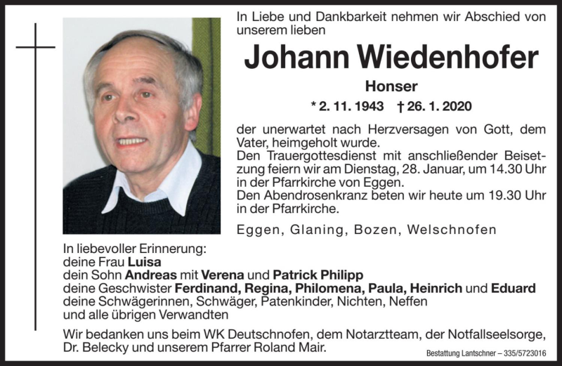  Traueranzeige für Johann Wiedenhofer vom 27.01.2020 aus Dolomiten