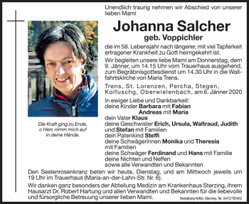 Traueranzeige von Johanna Salcher von Dolomiten