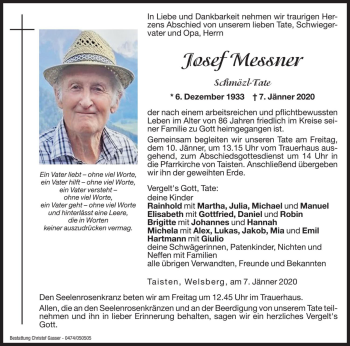 Traueranzeige von Josef Messner von Dolomiten