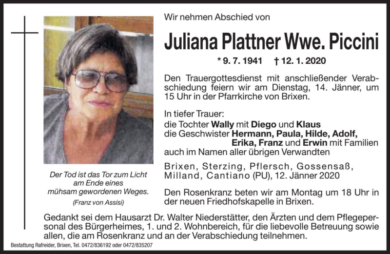  Traueranzeige für Juliana Piccini vom 13.01.2020 aus Dolomiten