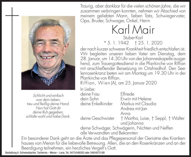  Traueranzeige für Karl Mair vom 27.01.2020 aus Dolomiten