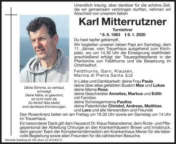 Traueranzeige von Karl Mitterrutzner von Dolomiten