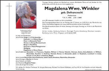 Traueranzeige von Magdalena Winkler von Dolomiten