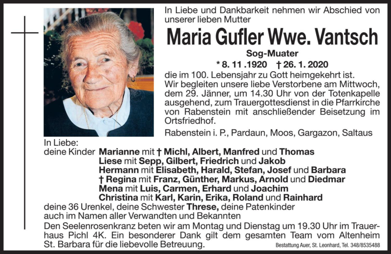  Traueranzeige für Maria Vantsch vom 27.01.2020 aus Dolomiten
