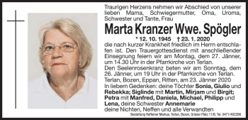 Traueranzeige von Marta Spögler von Dolomiten