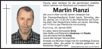 Traueranzeige von Martin Ranzi von Dolomiten