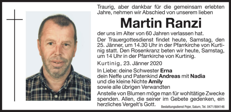  Traueranzeige für Martin Ranzi vom 25.01.2020 aus Dolomiten