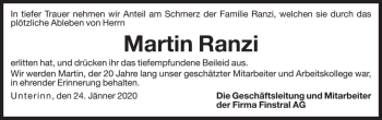 Traueranzeige von Martin Ranzi von Dolomiten