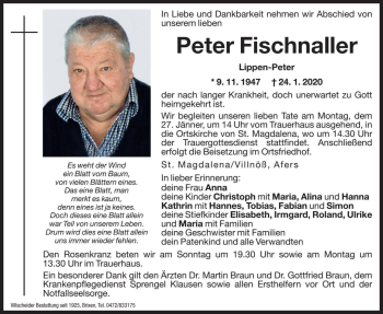 Traueranzeige von Peter Fischnaller von Dolomiten