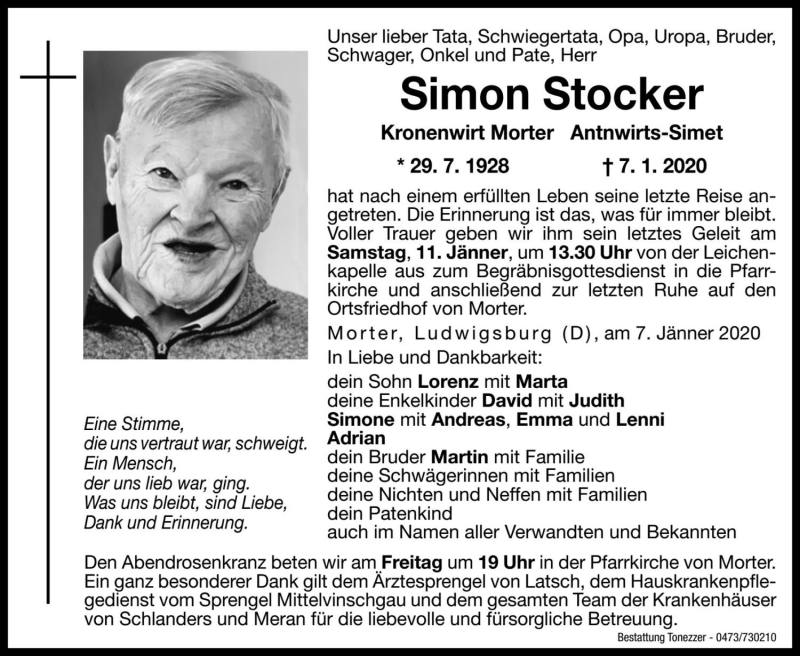  Traueranzeige für Simon Stocker vom 10.01.2020 aus Dolomiten