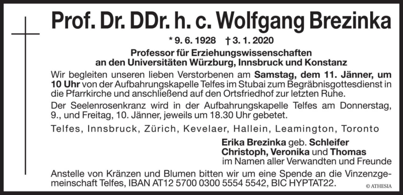  Traueranzeige für Wolfgang Brezinka vom 07.01.2020 aus Dolomiten