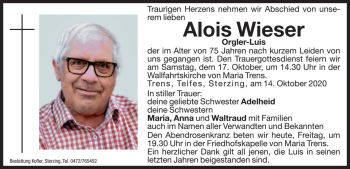 Traueranzeige von Alois Wieser von Dolomiten