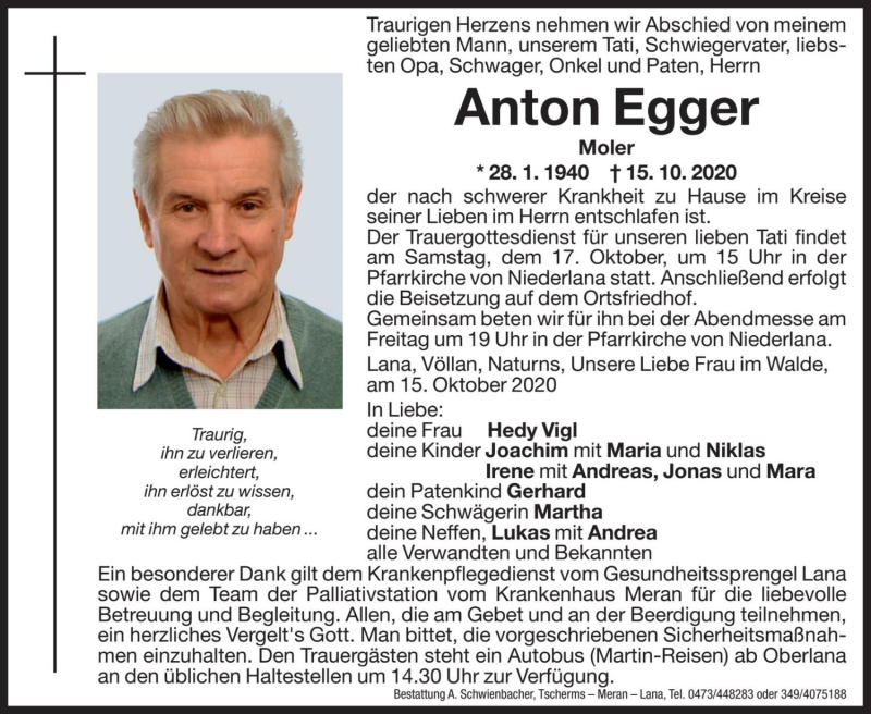  Traueranzeige für Anton Egger vom 16.10.2020 aus Dolomiten
