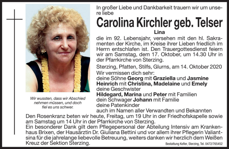  Traueranzeige für Carolina Kirchler vom 16.10.2020 aus Dolomiten