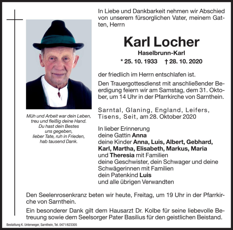  Traueranzeige für Karl Locher vom 30.10.2020 aus Dolomiten