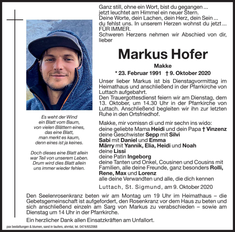  Traueranzeige für Markus Hofer vom 12.10.2020 aus Dolomiten